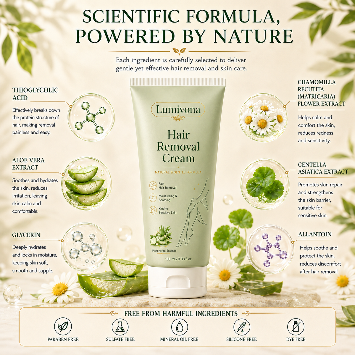 Lumivona™ Natural Gentle Hair Removal Cream | For Women & Men, Sensitive Skin